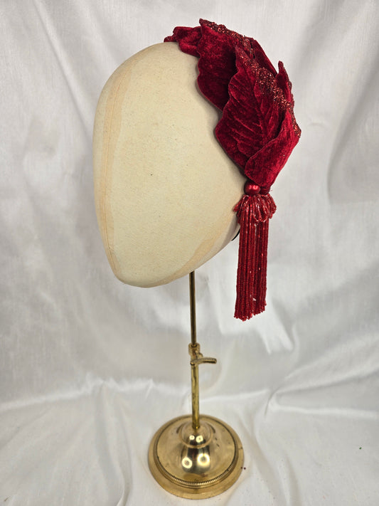 Red velvet glittered half hat/fascinator with red beaded tassels (made to order)