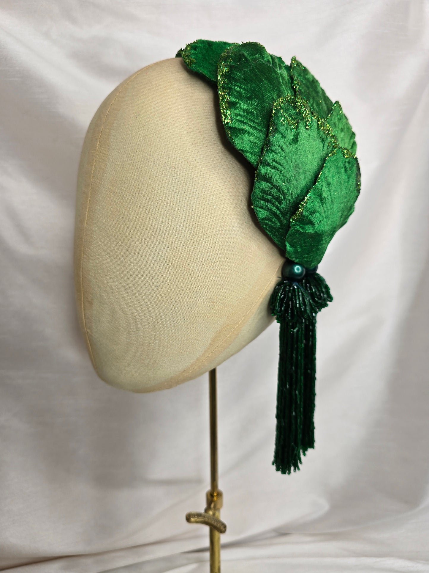 Emerald green velvet glittered half hat/fascinator with green beaded tassels (made to order)