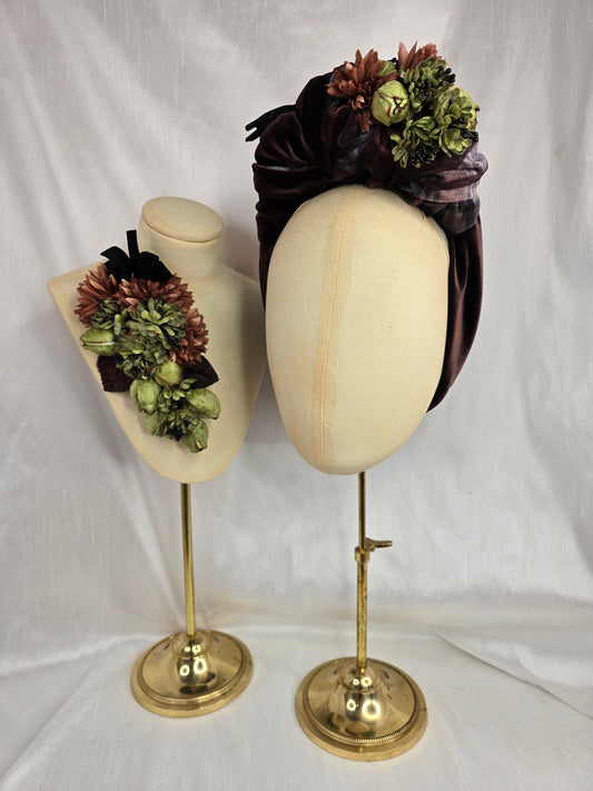 Brown check and brown stretch velvet turban with brown flowers