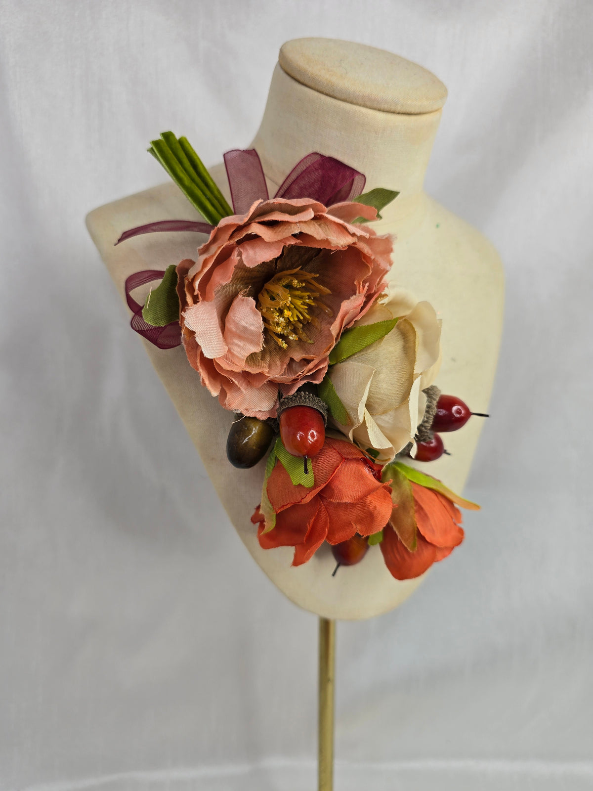 Peach, orange, cream and acorn hair flower and corsage set