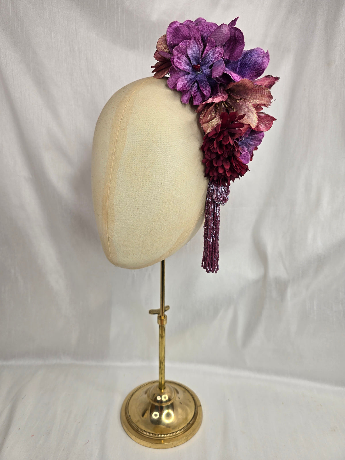 XL purple, maroon and gold autumn flower headpiece with beaded tassels