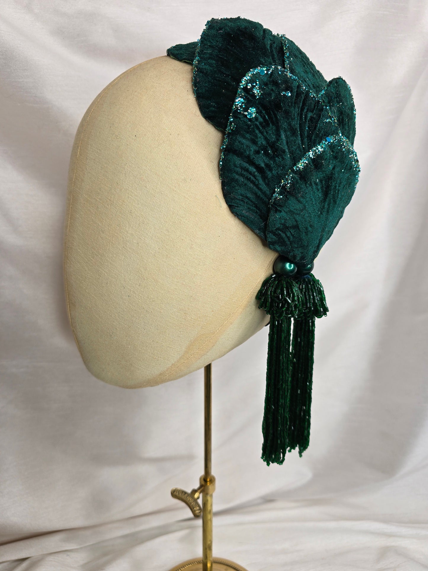 Bottle green velvet glittered half hat/fascinator with green beaded tassels (made to order)