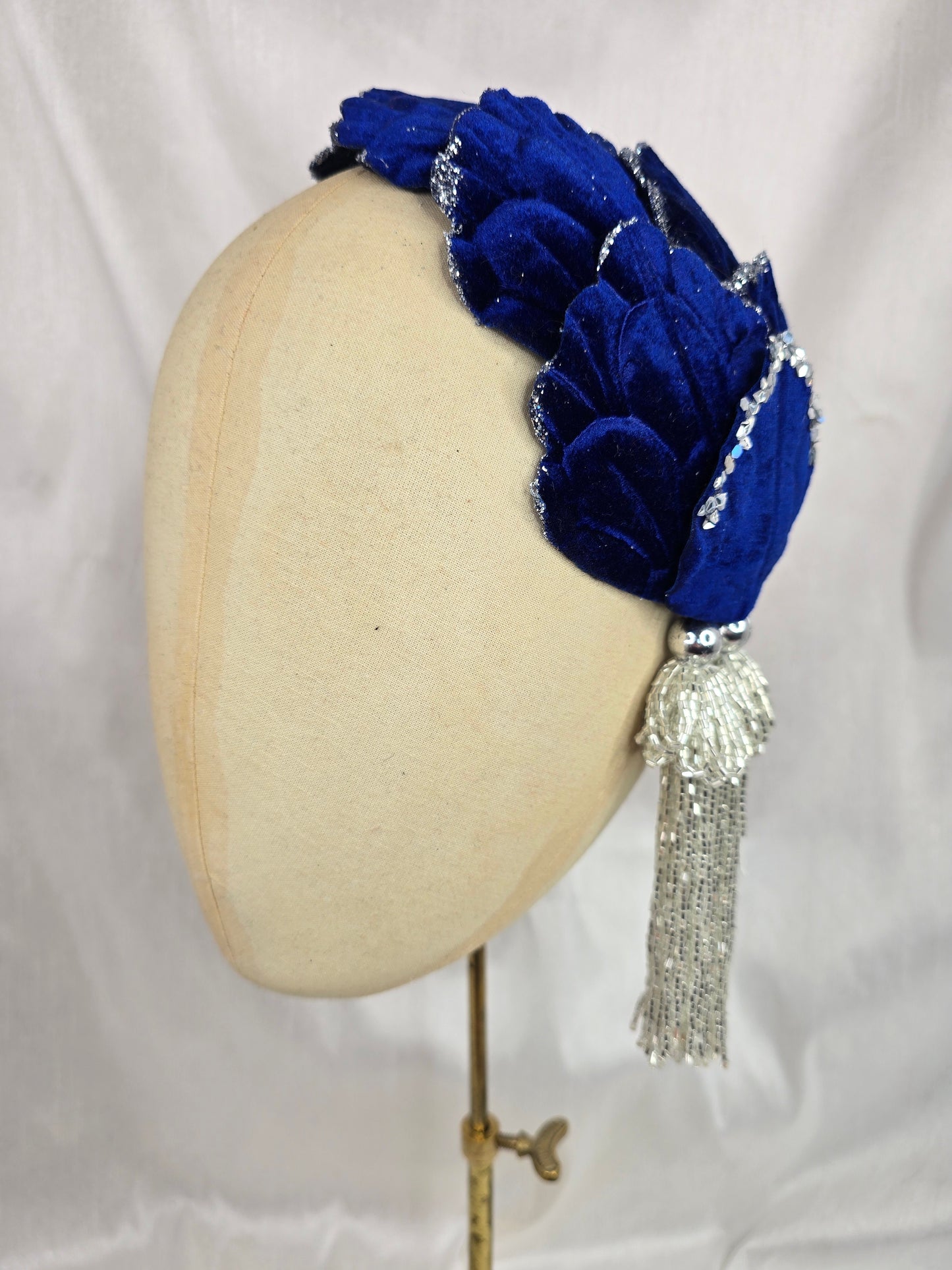 Royal blue and silver glittered half hat/fascinator with beaded tassels (made to order)