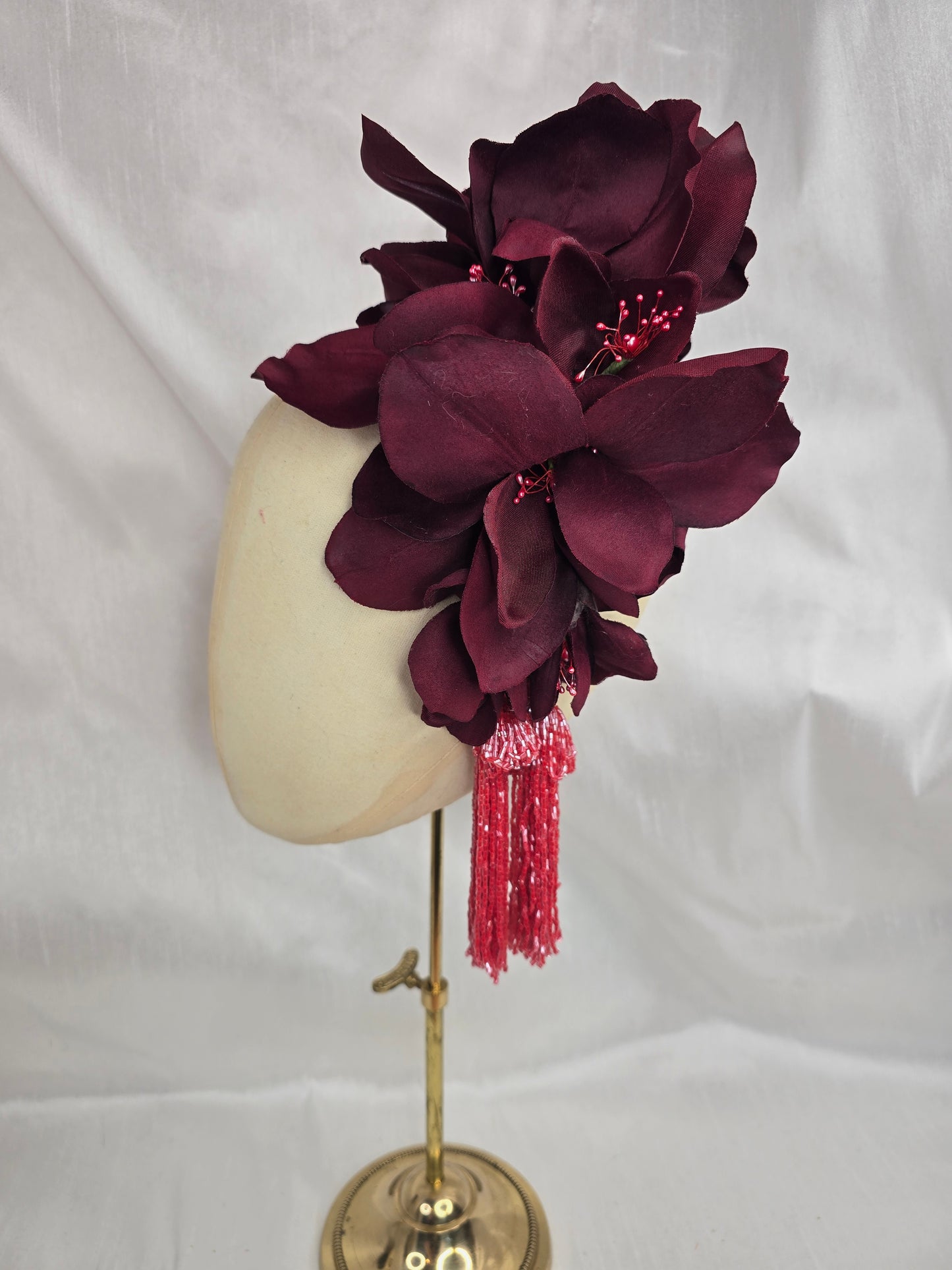 Extra large burgundy and watermelon cascade hair flower with beaded tassels
