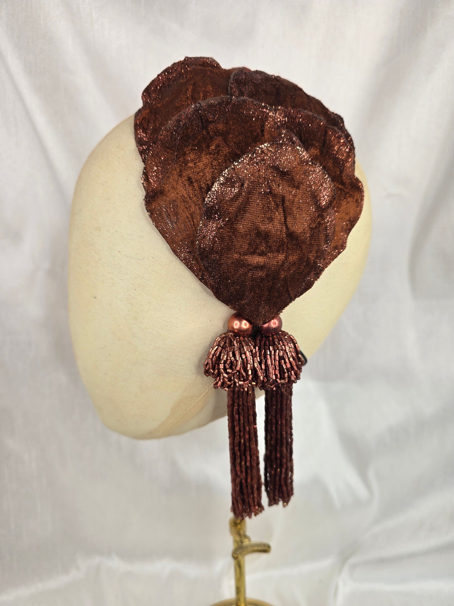 Chestnut brown glittered half hat/fascinator with beaded tassels (made to order)