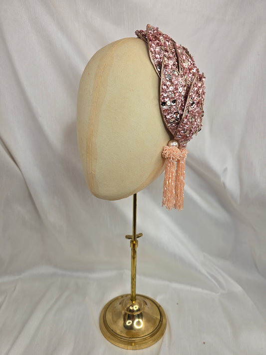 Pale pink sequin half hat/fascinator with beaded tassels (made to order)