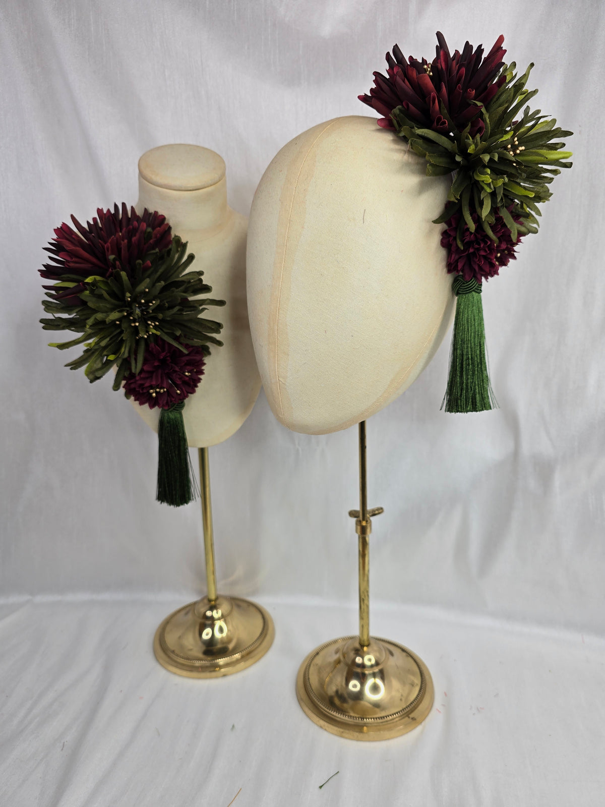 L olive, maroon and gold autumn flower headpiece/corsage with silky tassel