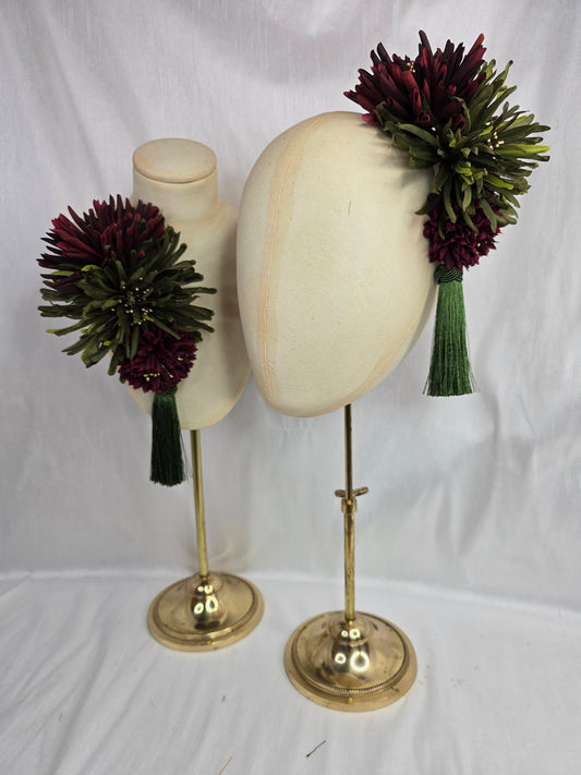 L olive, maroon and gold autumn flower headpiece/corsage with silky tassel