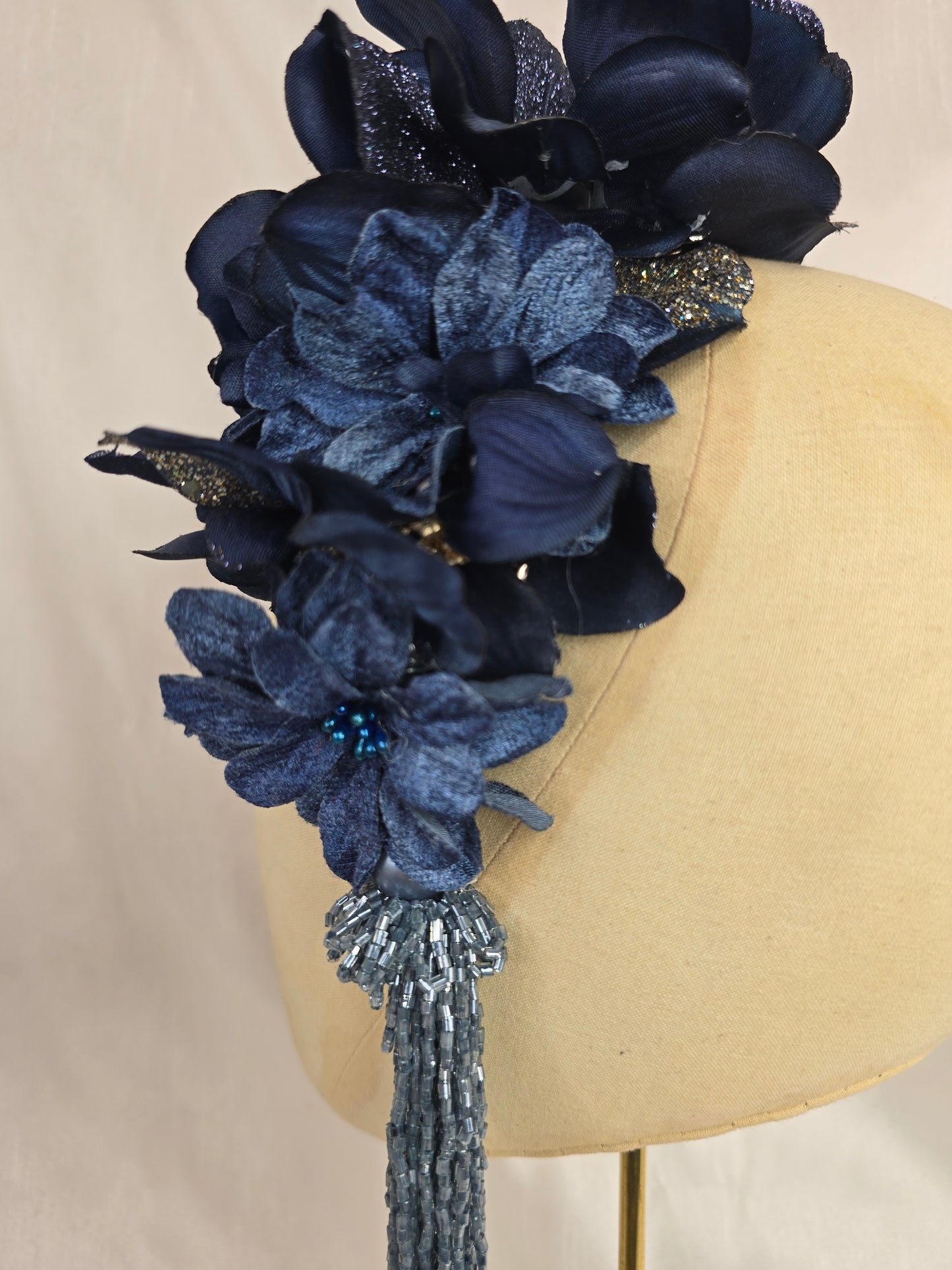 Large navy and silver flower headpiece with beaded tassels