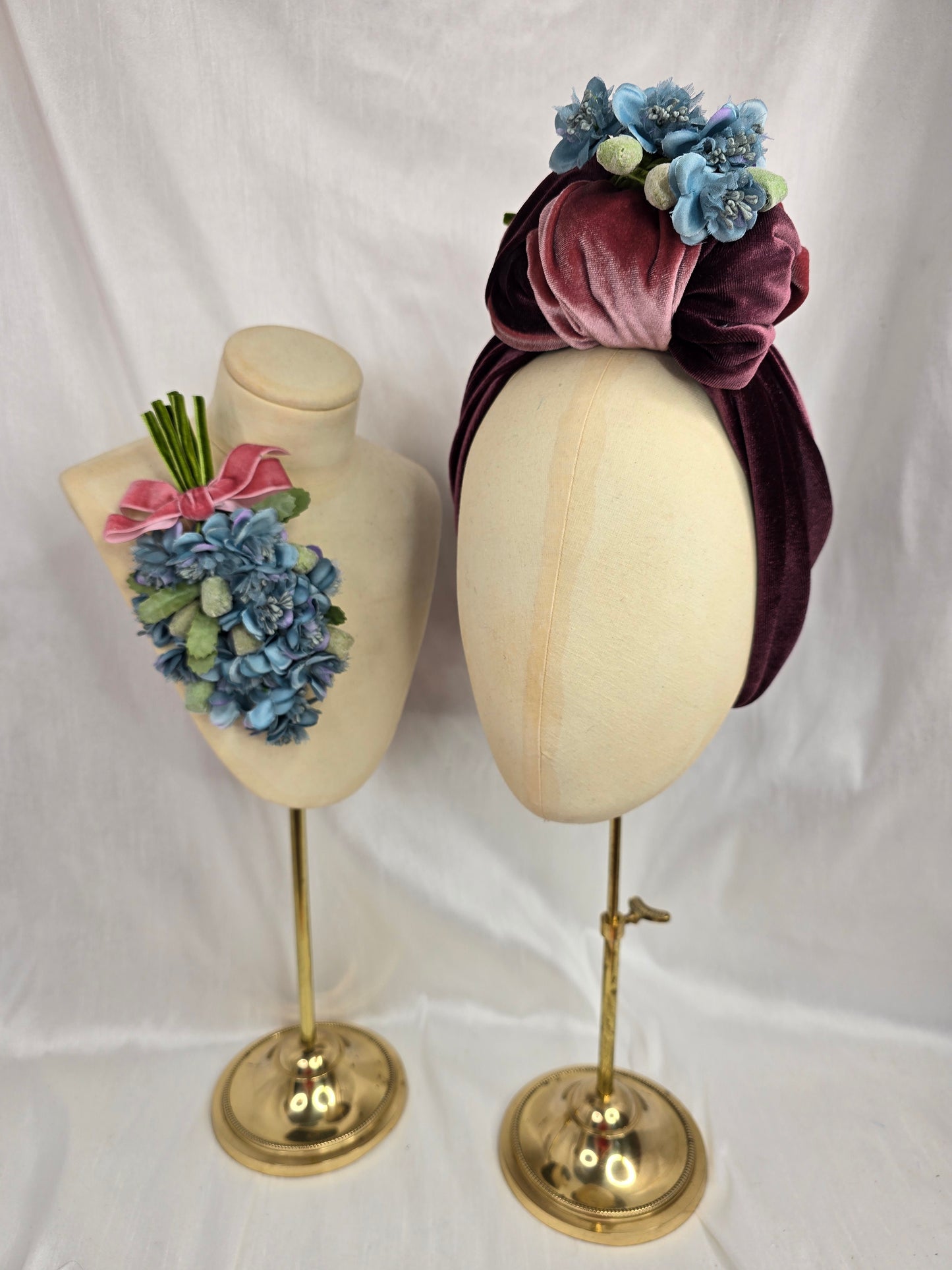 Pink and mocha stretch velvet turban with flower trim, hair flower and corsage