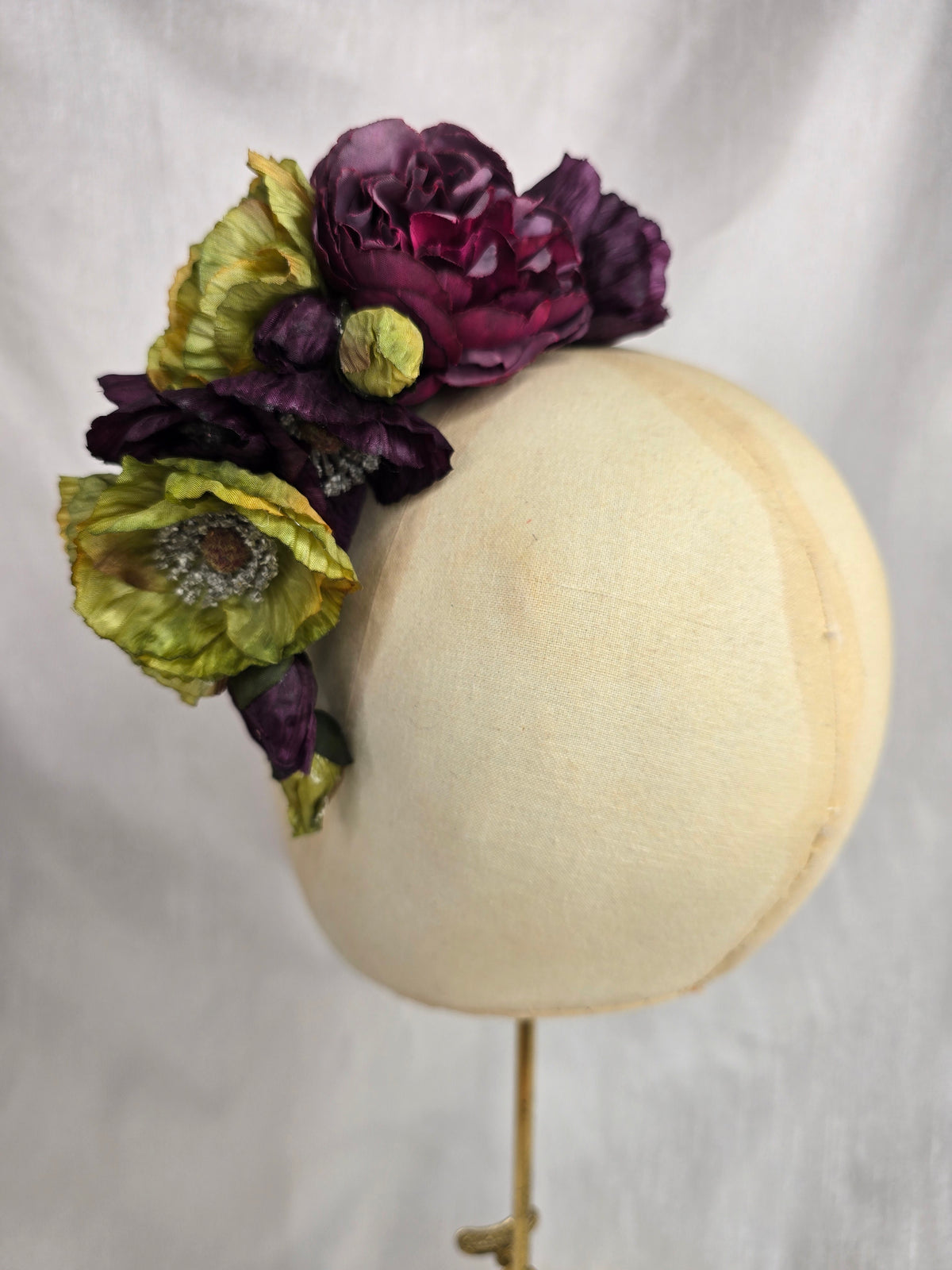 Chartreuse and plum poppy hair flower and corsage set