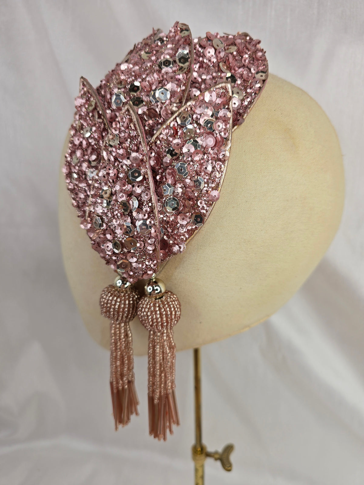 Pale pink sequin half hat/fascinator with beaded tassels (made to order)