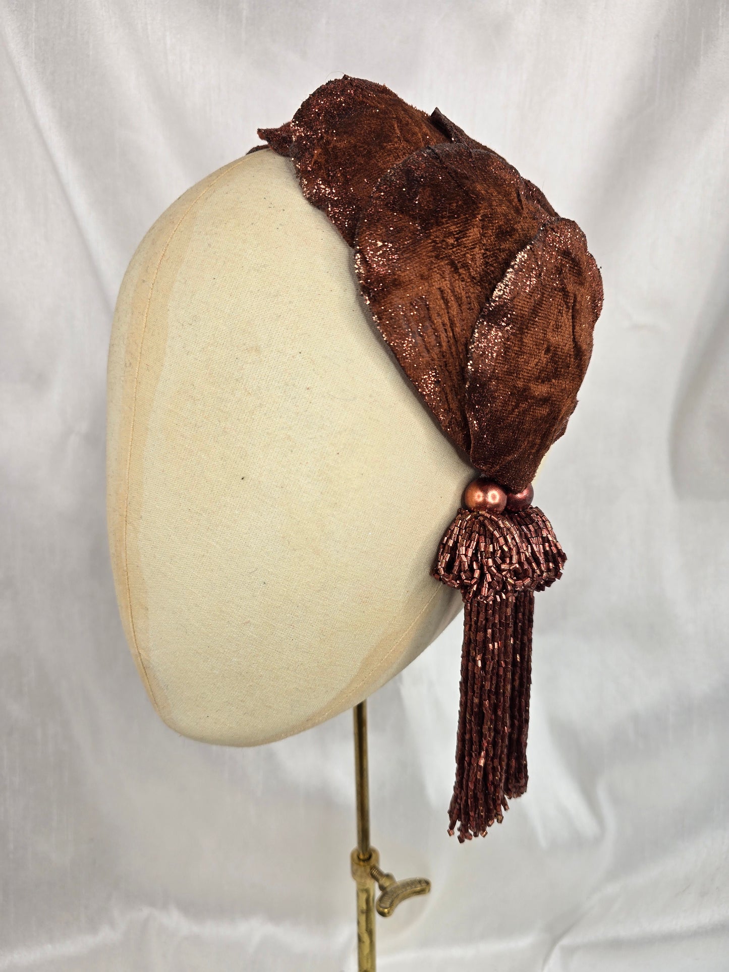 Chestnut brown glittered half hat/fascinator with beaded tassels (made to order)