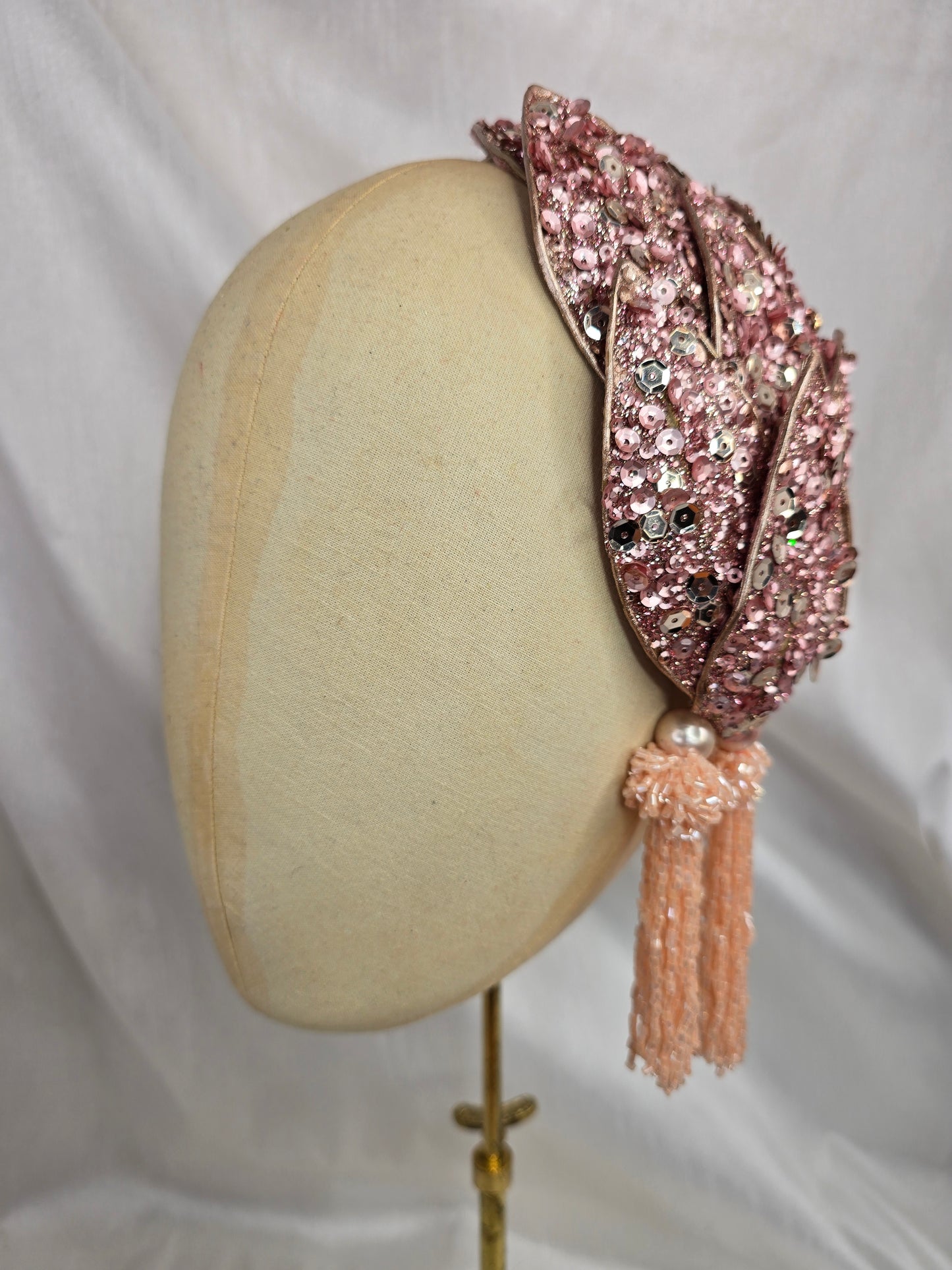 Pale pink sequin half hat/fascinator with beaded tassels (made to order)
