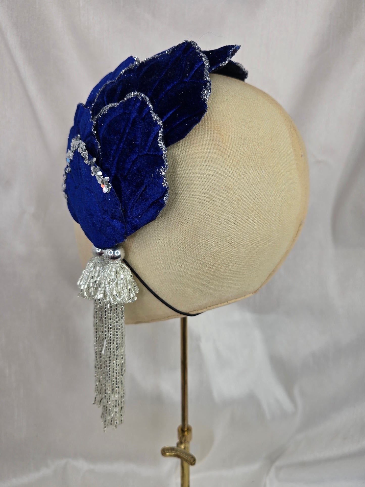 Royal blue and silver glittered half hat/fascinator with beaded tassels (made to order)