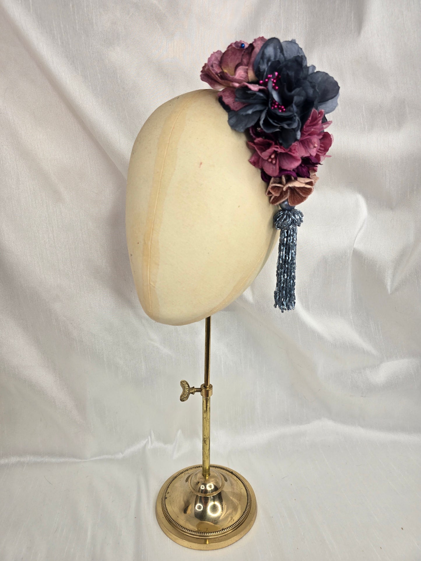 Medium purple and blue flower headpiece with beaded tassel