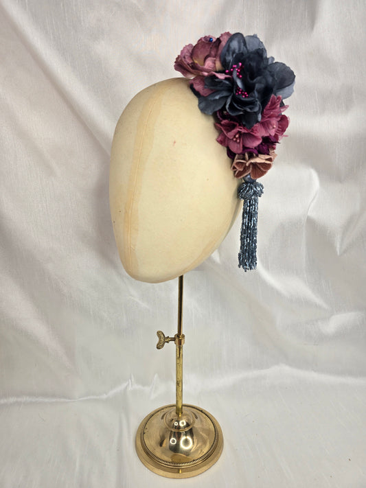 Medium purple and blue flower headpiece with beaded tassel