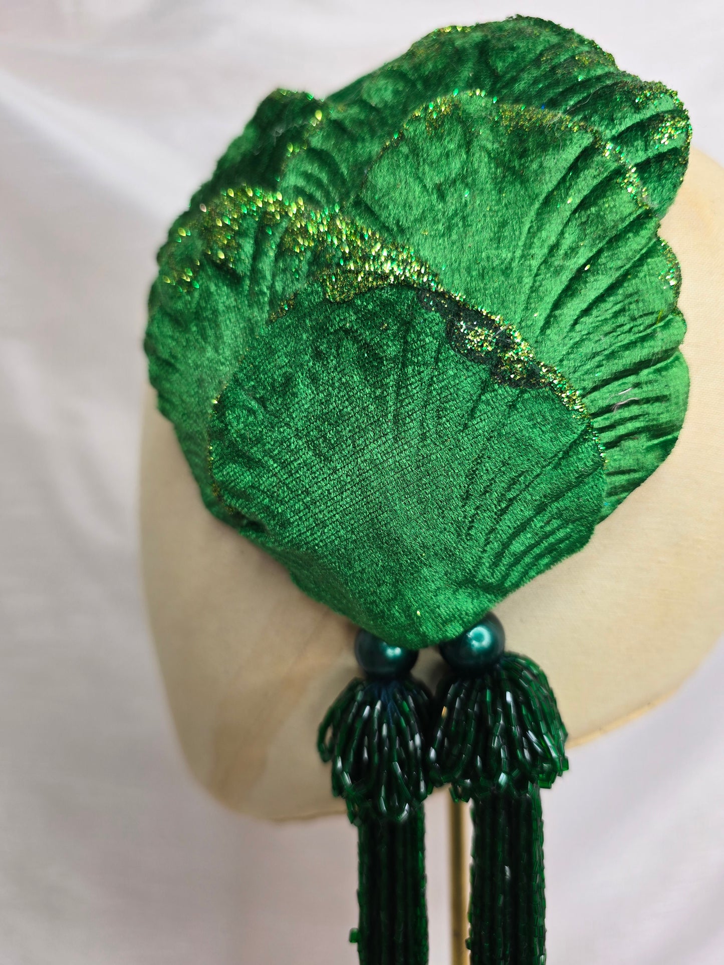 Emerald green velvet glittered half hat/fascinator with green beaded tassels (made to order)