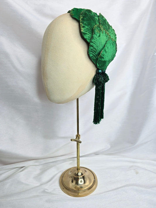 Emerald green velvet glittered half hat/fascinator with green beaded tassels (made to order)