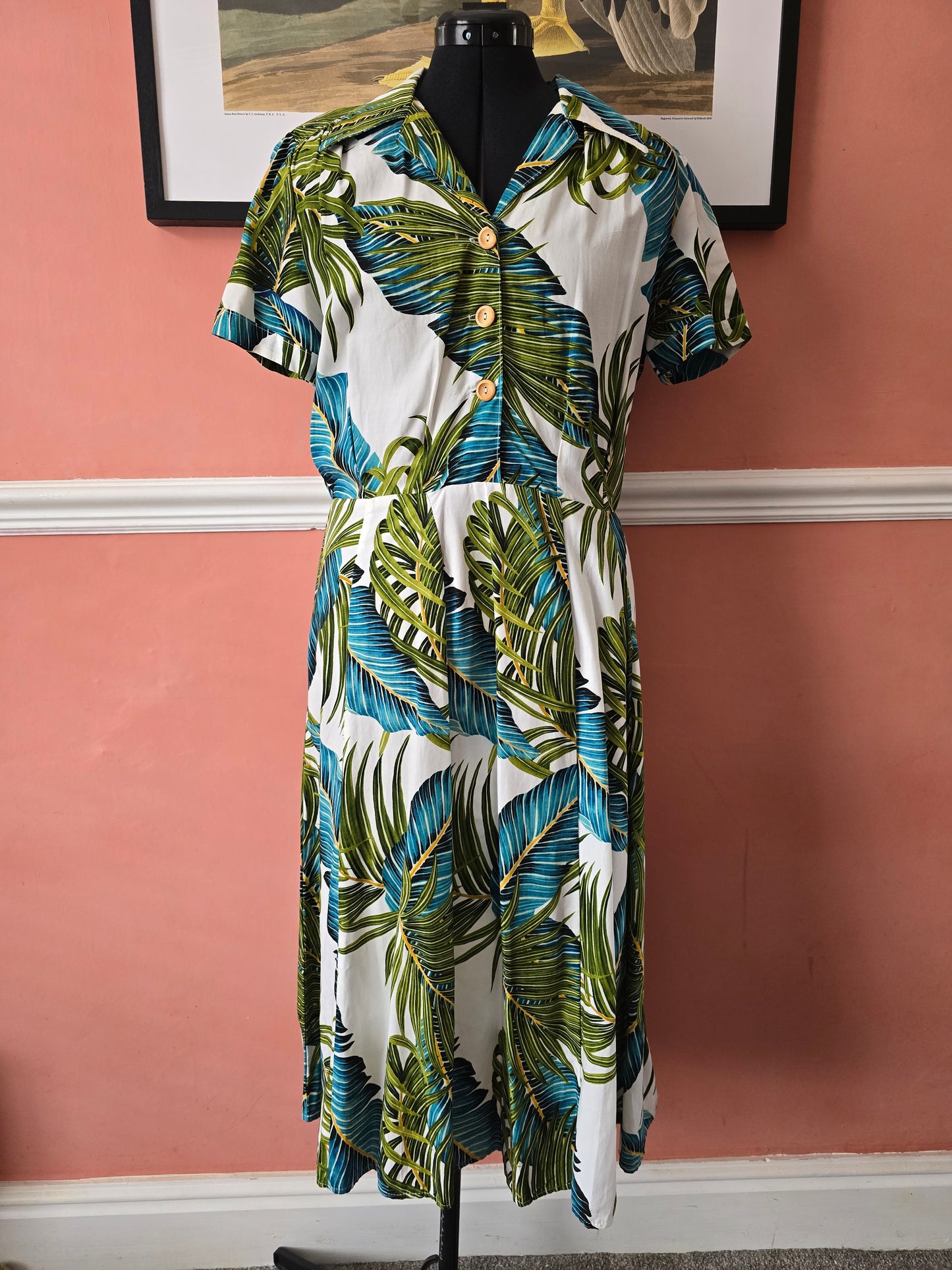 Miss Bamboo palm print 1940s style shirt dress size 16