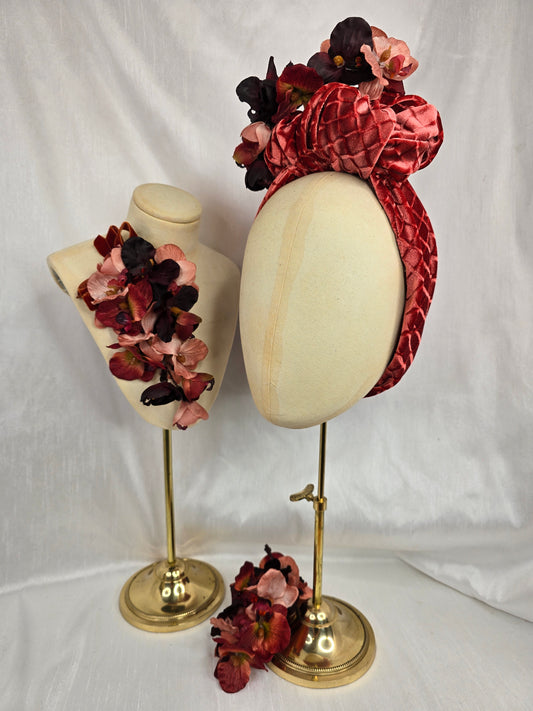 Embossed copper stretch velvet turban with flowers