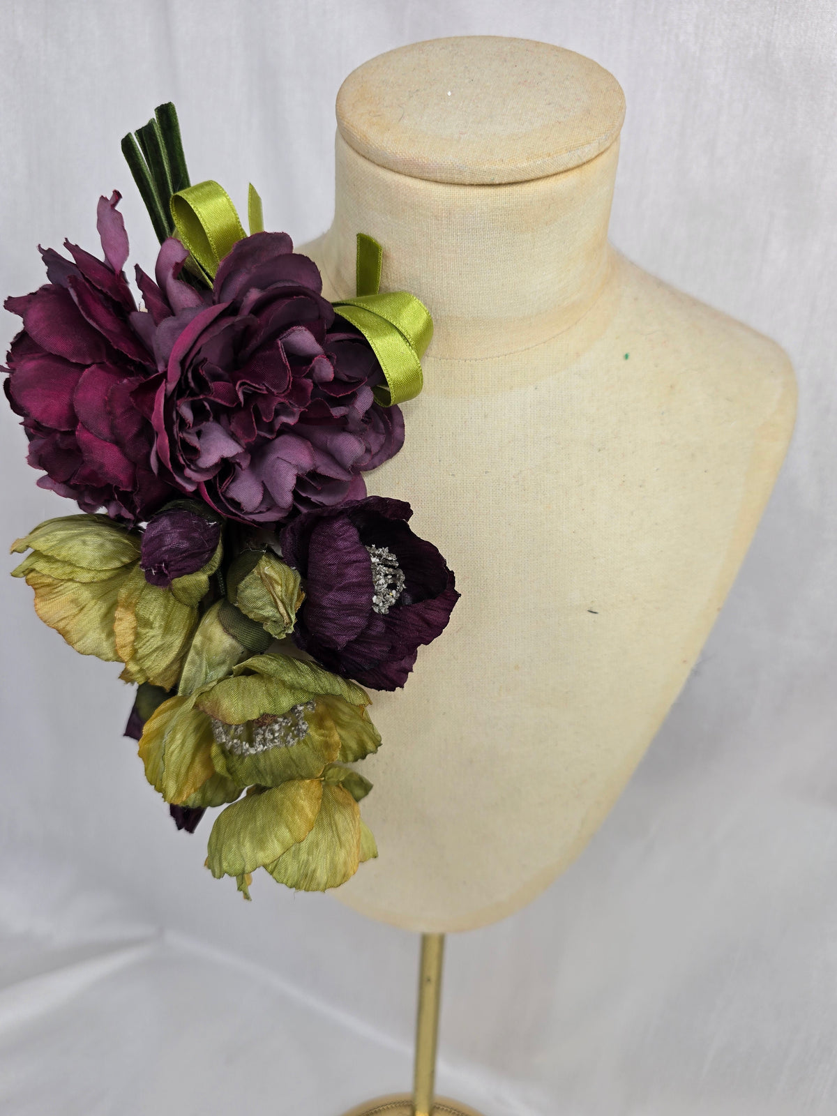 Chartreuse and plum poppy hair flower and corsage set