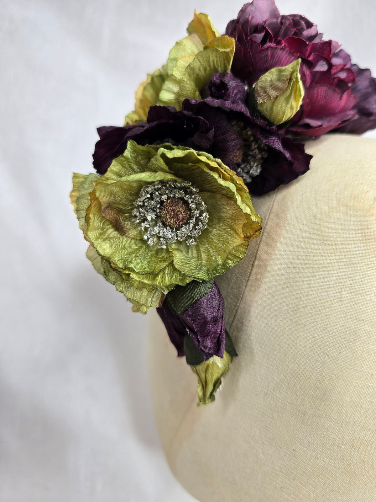 Chartreuse and plum poppy hair flower and corsage set