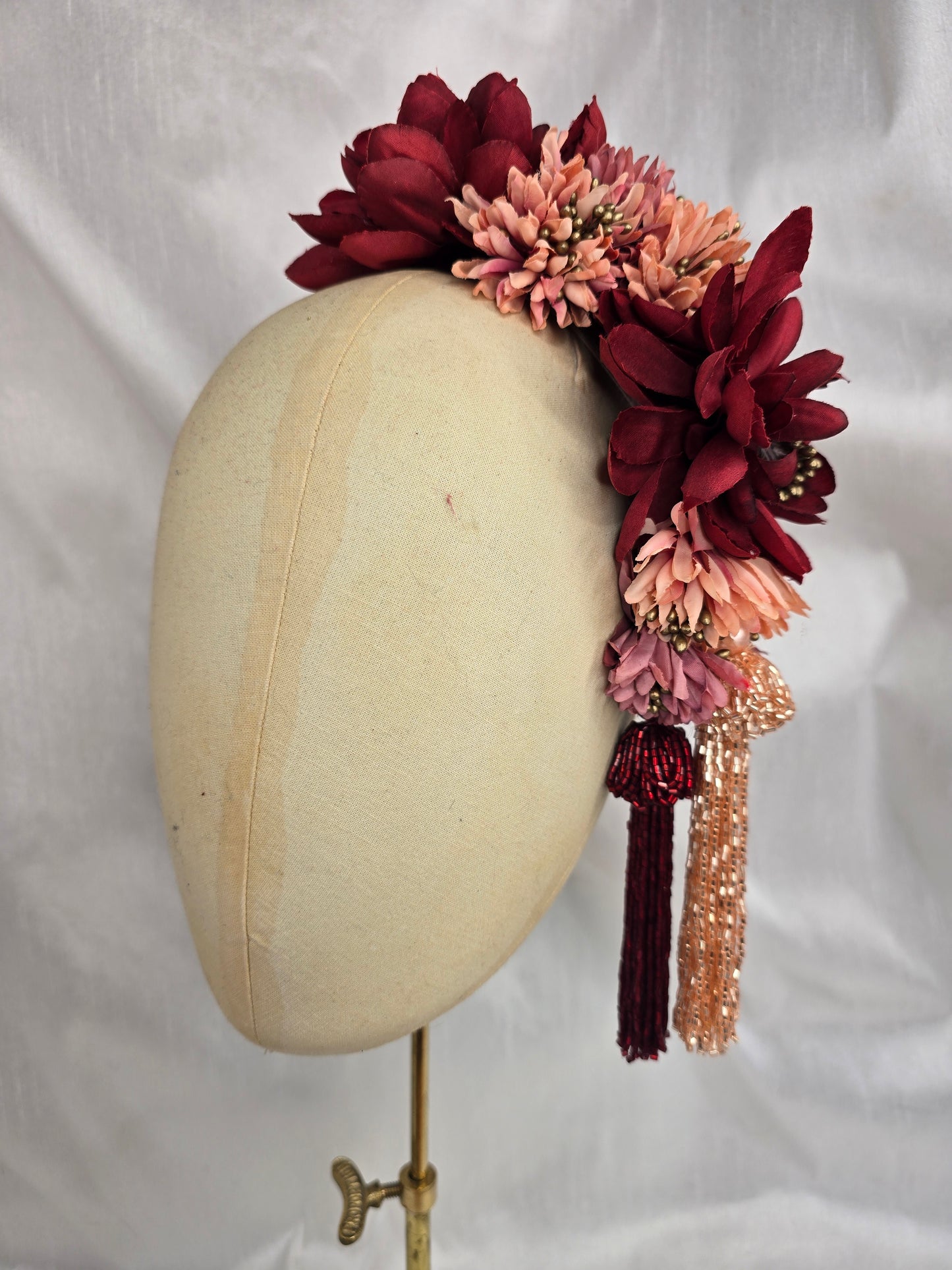 Large red, coral, pink and gold flower headpiece with beaded tassels