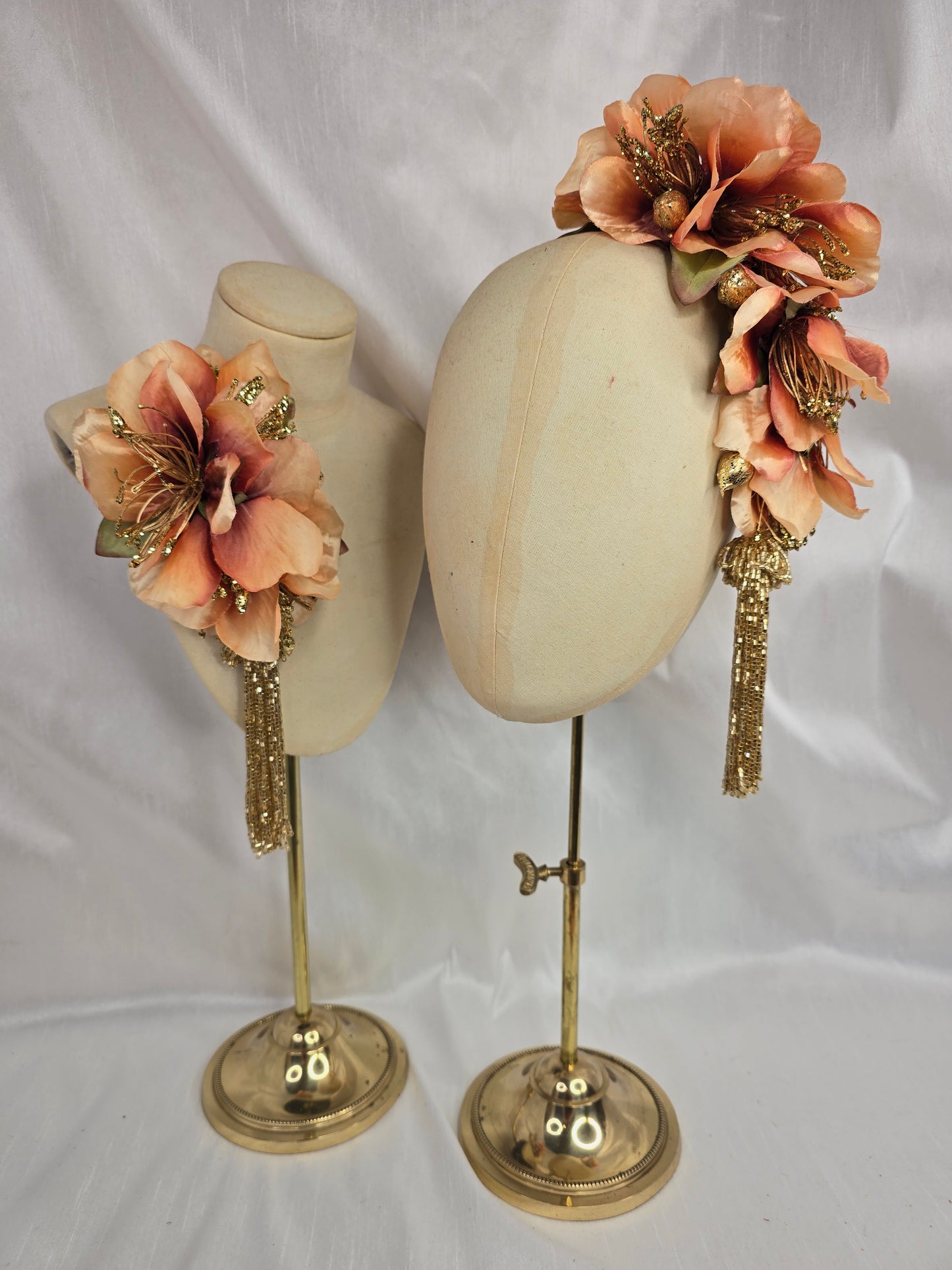 Large pale orange and gold cascade hair flower with beaded tassels