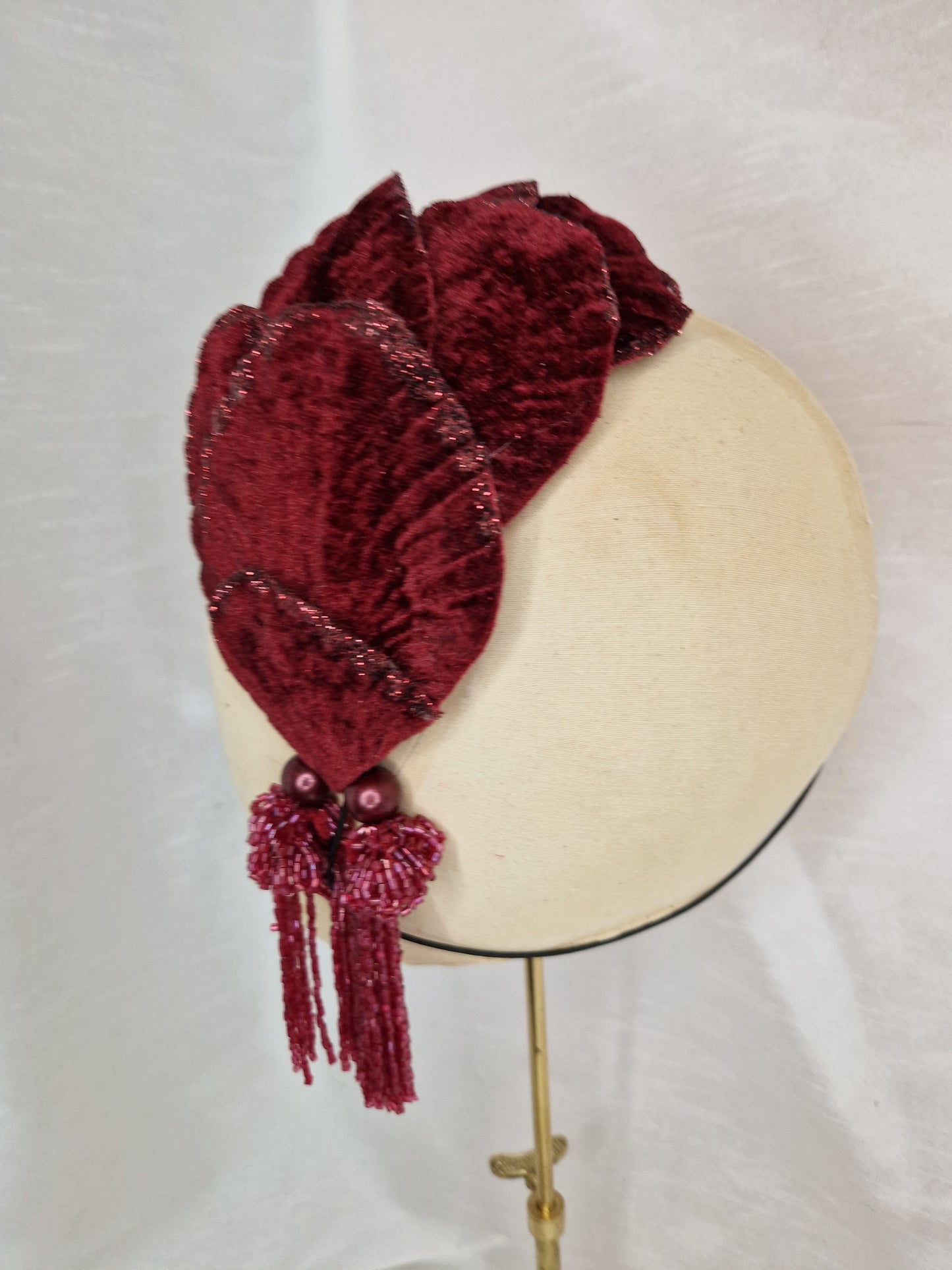 Burgundy velvet glittered half hat/fascinator with red beaded tassels (made to order)