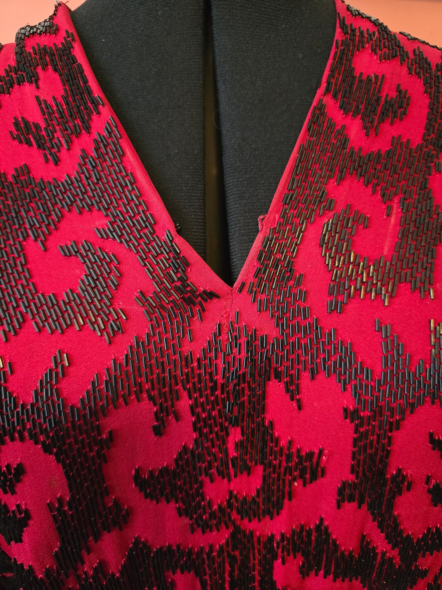 1940s crepe colour block red and black beaded dress