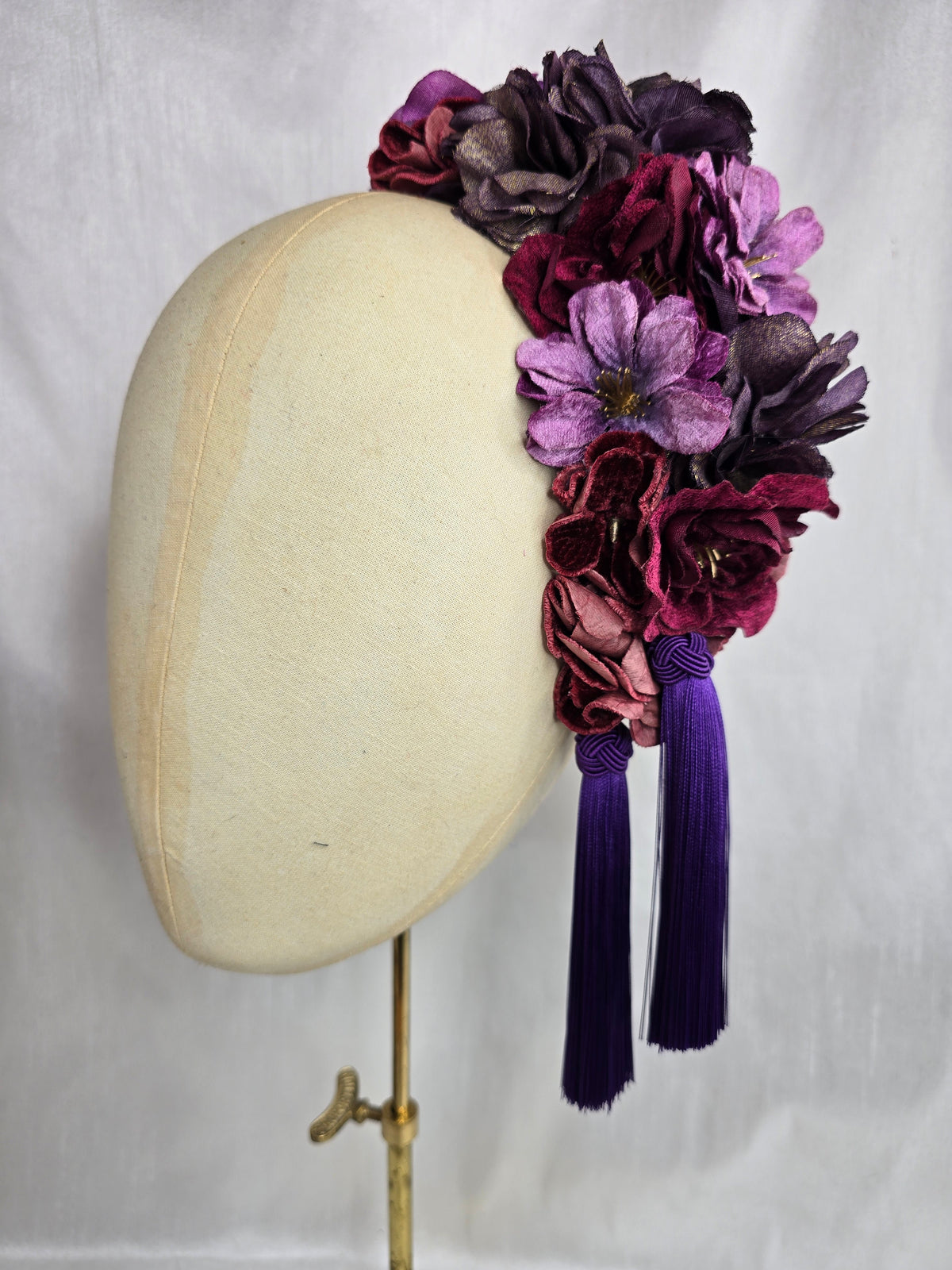 XL purple, maroon and burgundy autumn flower headpiece with silky tassels
