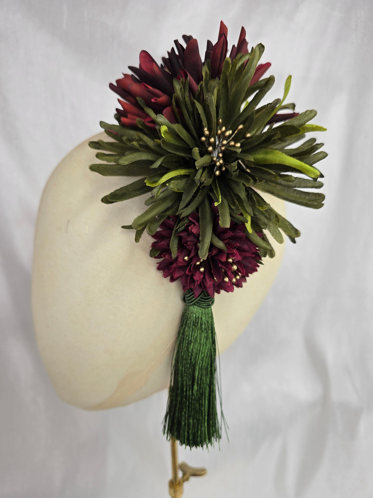 L olive, maroon and gold autumn flower headpiece/corsage with silky tassel