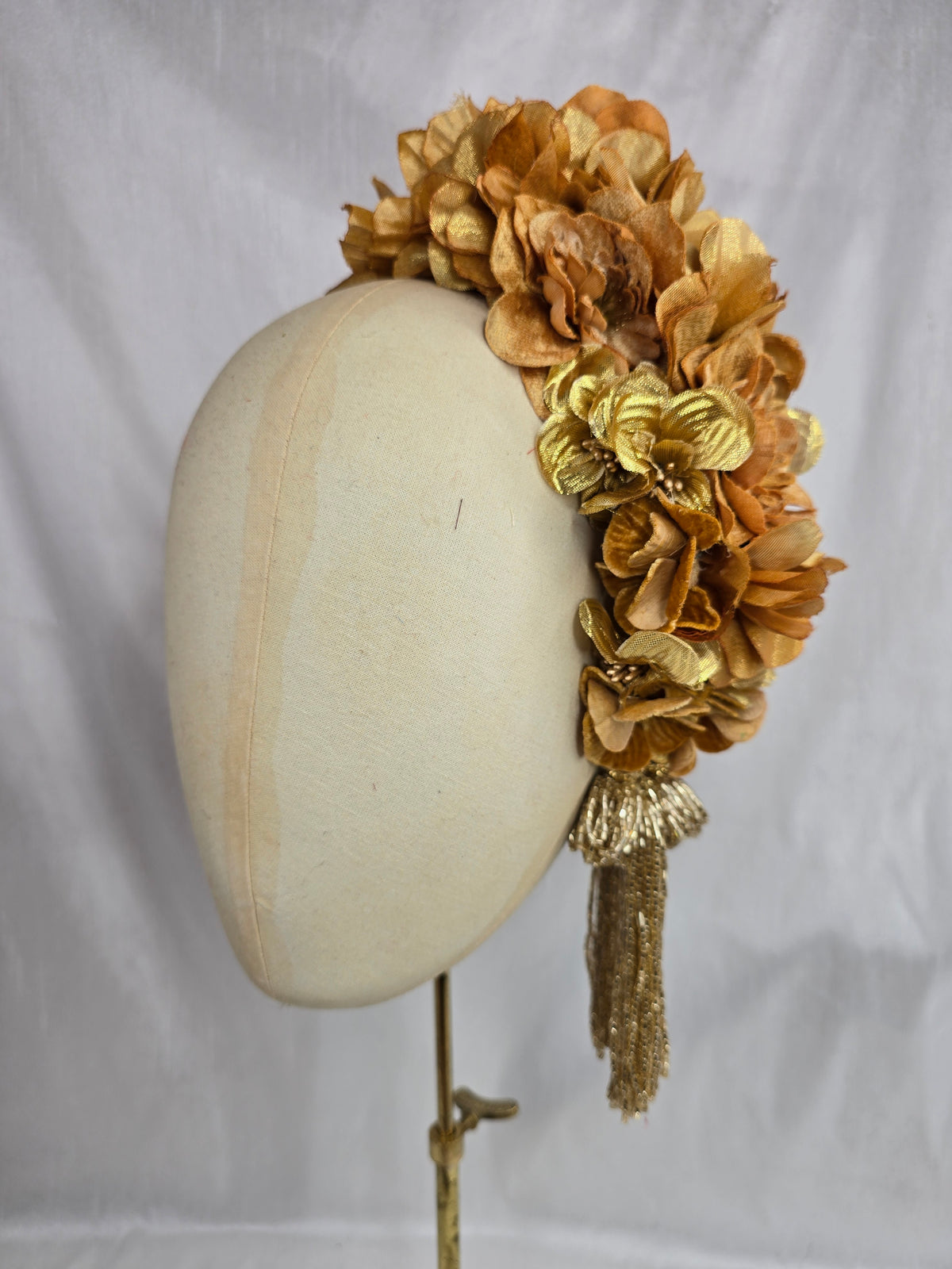XL luxury autumn gold flower headpiece with gold beaded tassels
