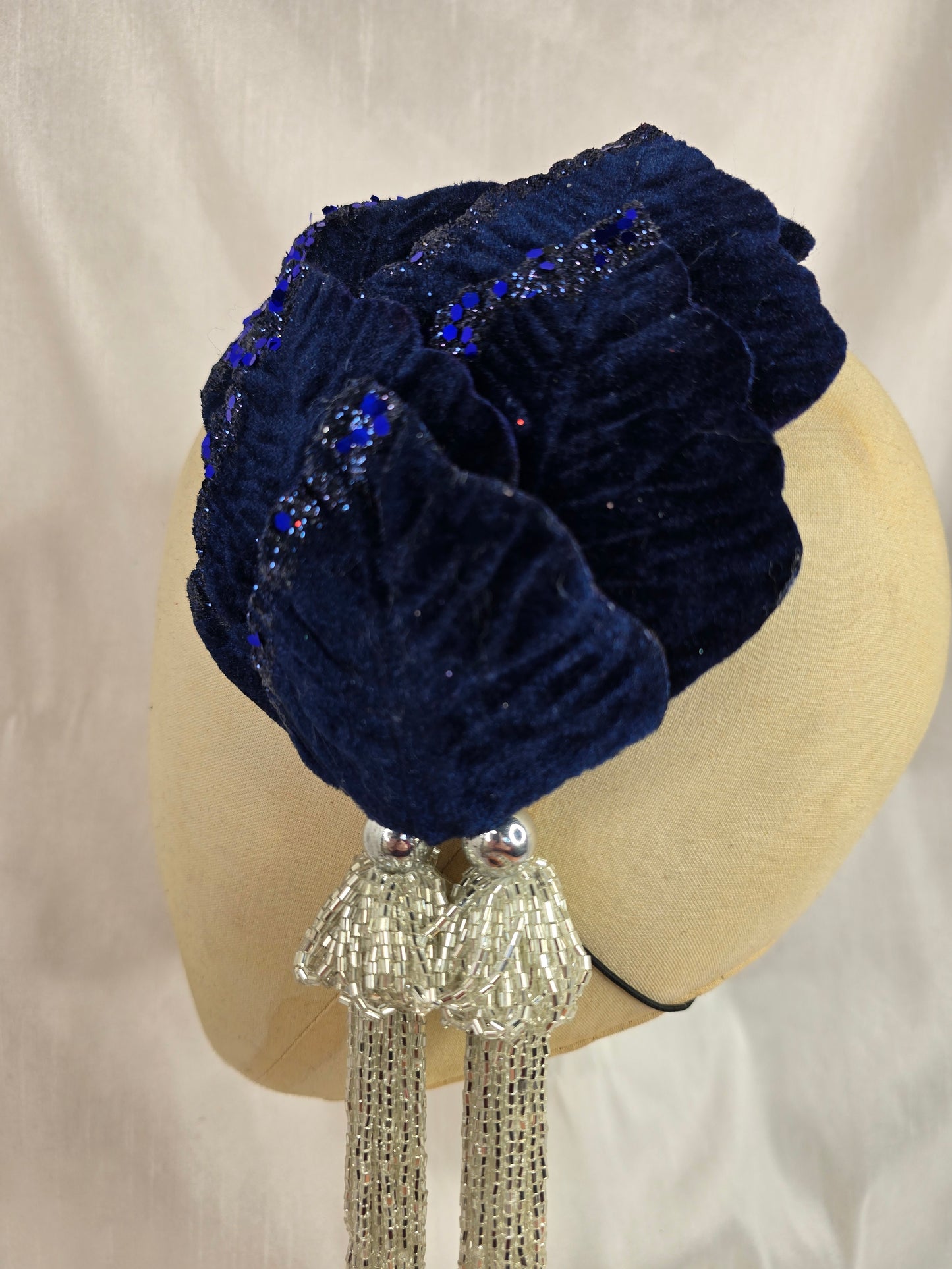 Navy glittered half hat/fascinator with silver beaded tassels (made to order)