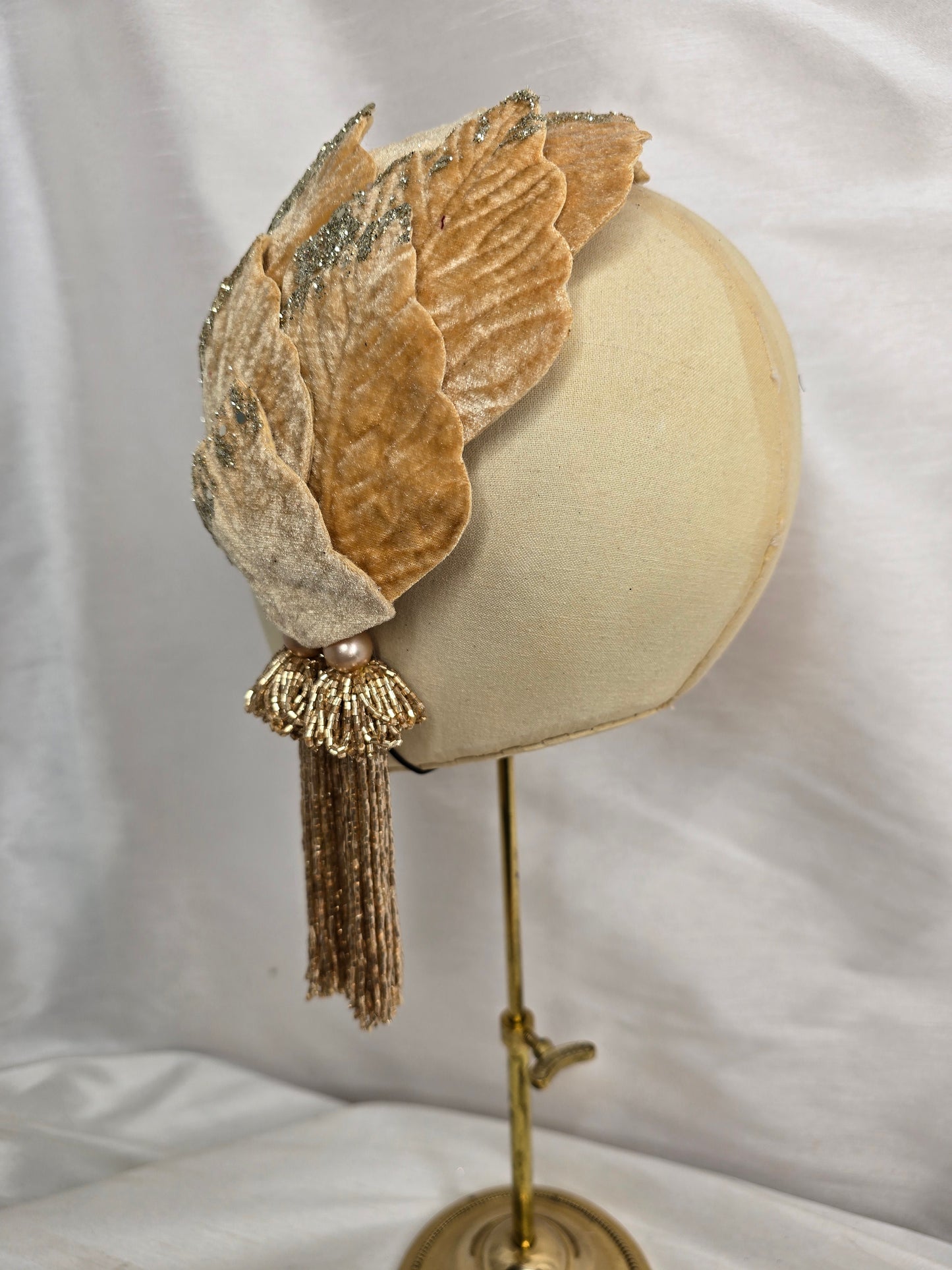 Champagne velvet glittered half hat/fascinator with gold beaded tassels (made to order)