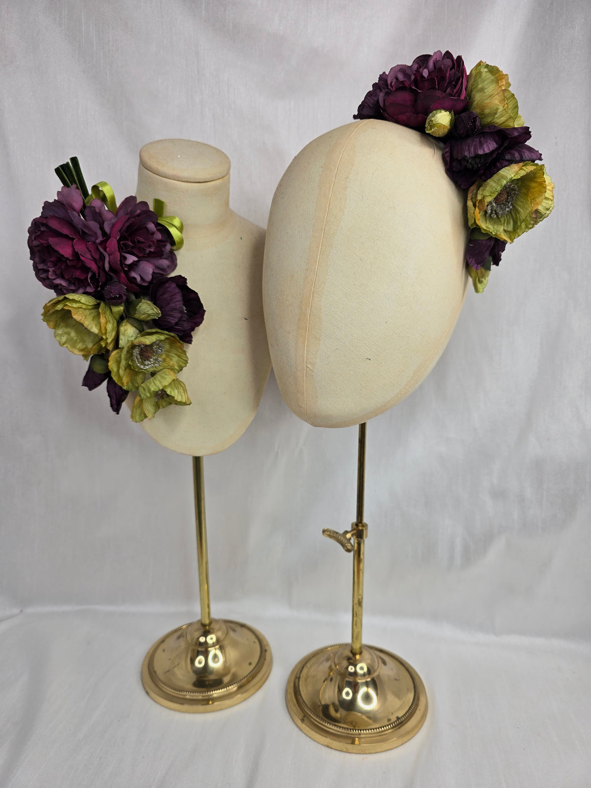 Chartreuse and plum poppy hair flower and corsage set