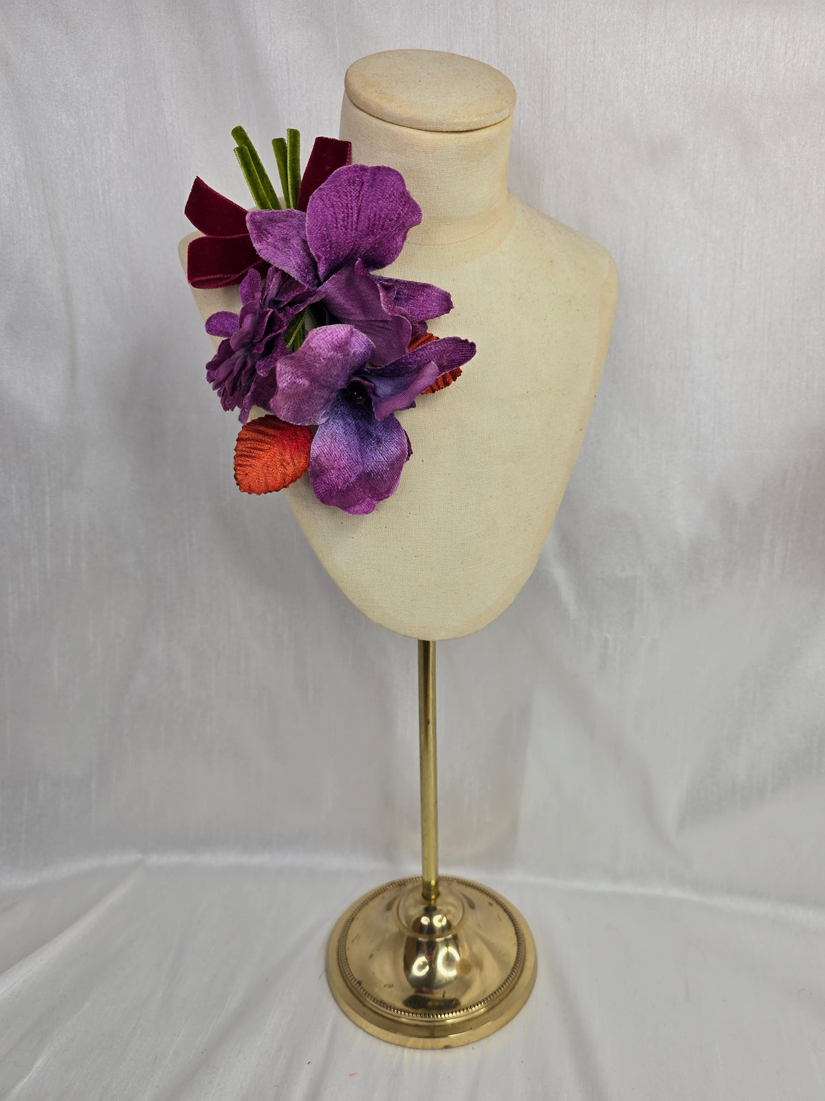 Purple velvet orchid hair flower and corsage set