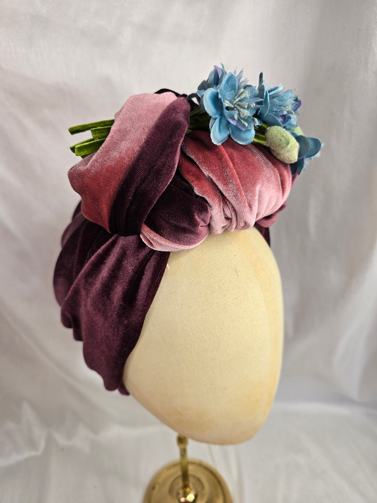 Pink and mocha stretch velvet turban with flower trim, hair flower and corsage