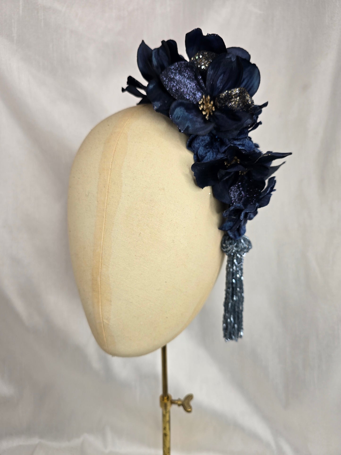 Large navy and silver flower headpiece with beaded tassels