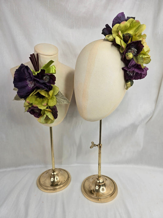 Chartreuse and plum poppy hair flower and corsage set