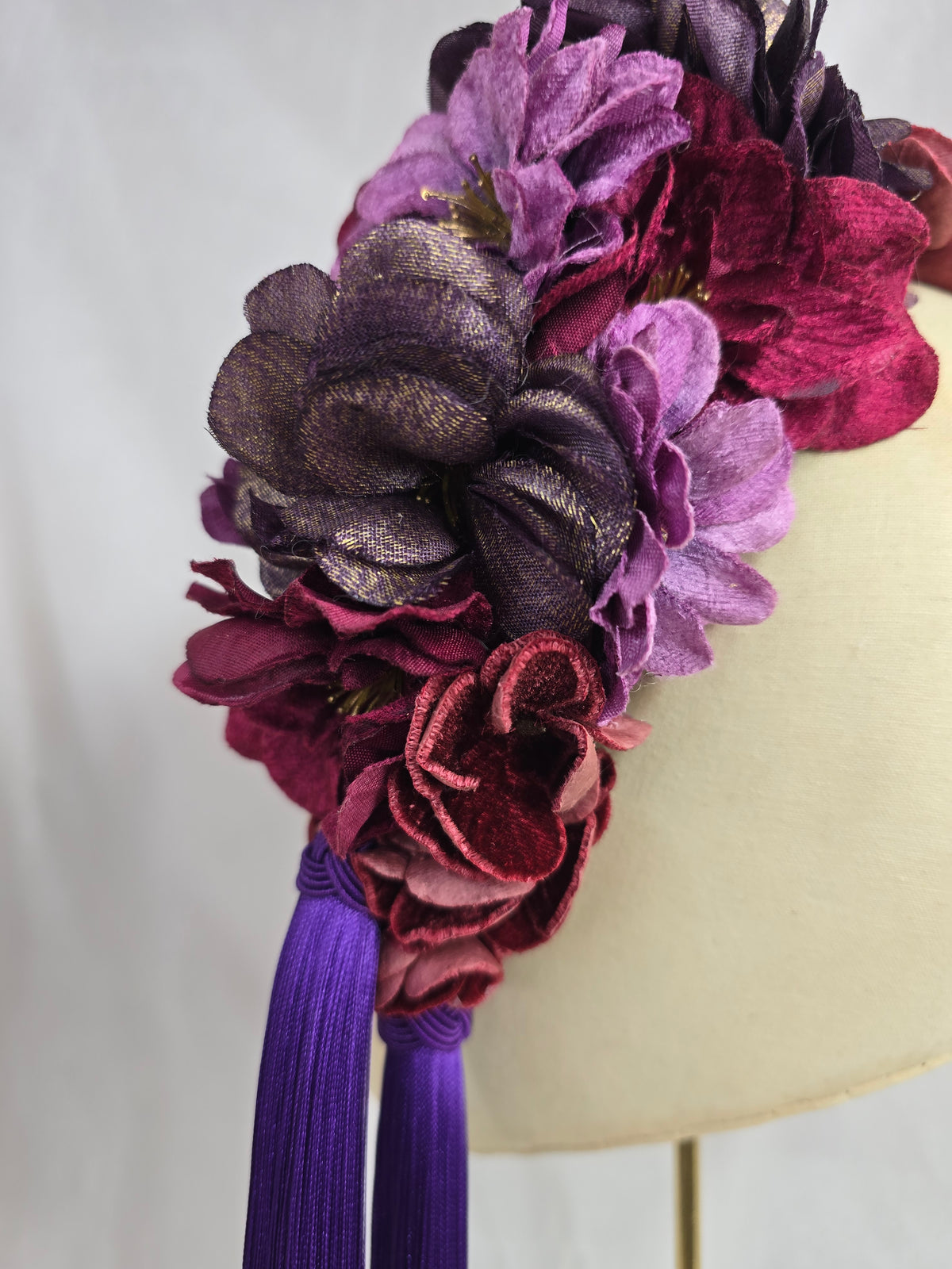XL purple, maroon and burgundy autumn flower headpiece with silky tassels
