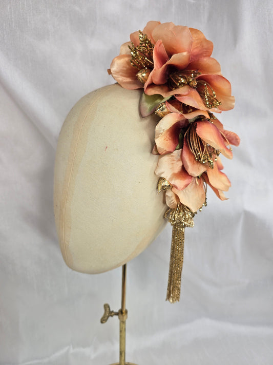 Large pale orange and gold cascade hair flower with beaded tassels