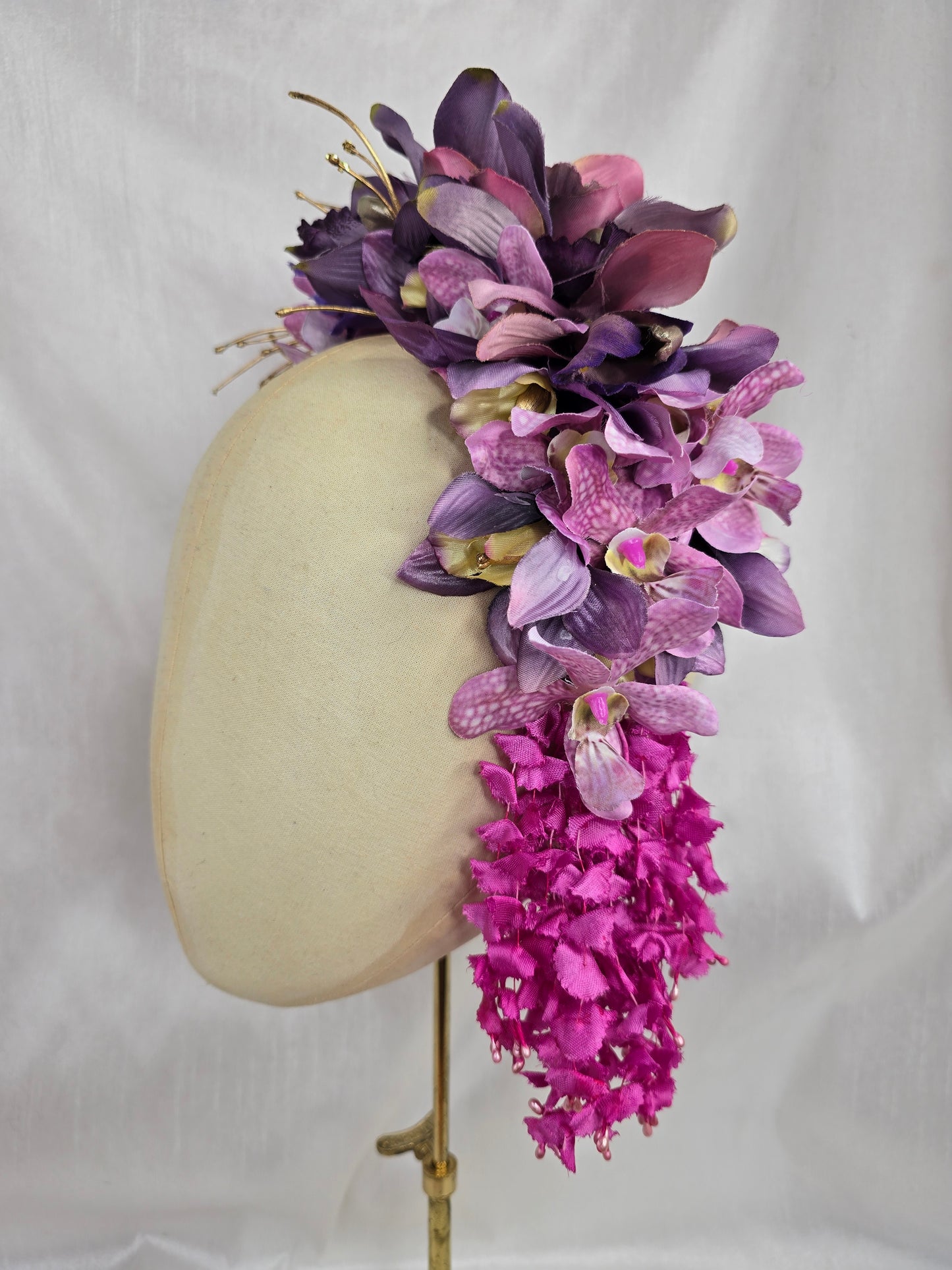 Extra large purple orchid and dangly wisteria flower headpiece