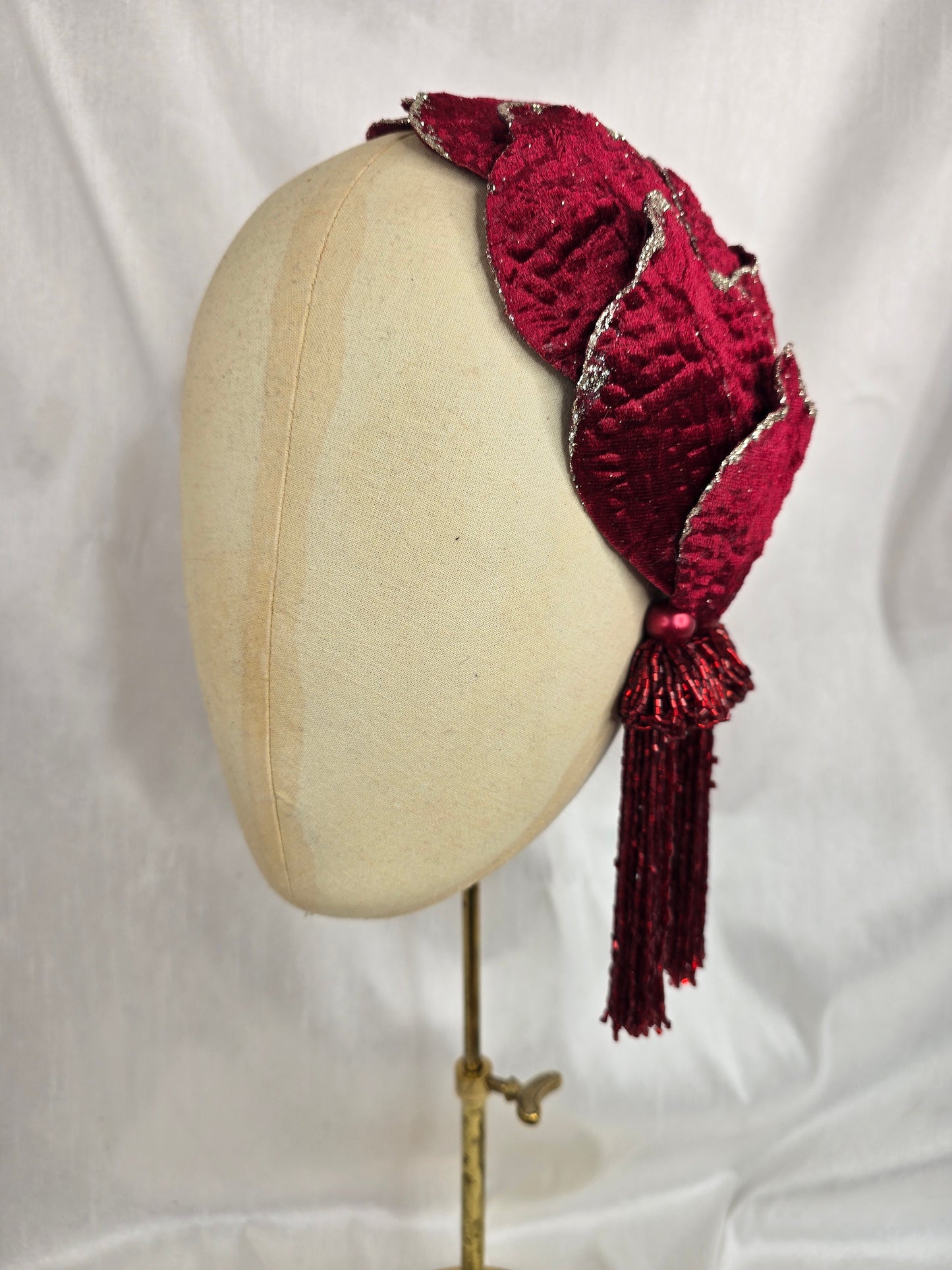 Wine red half hat/fascinator with beaded tassels (made to order)