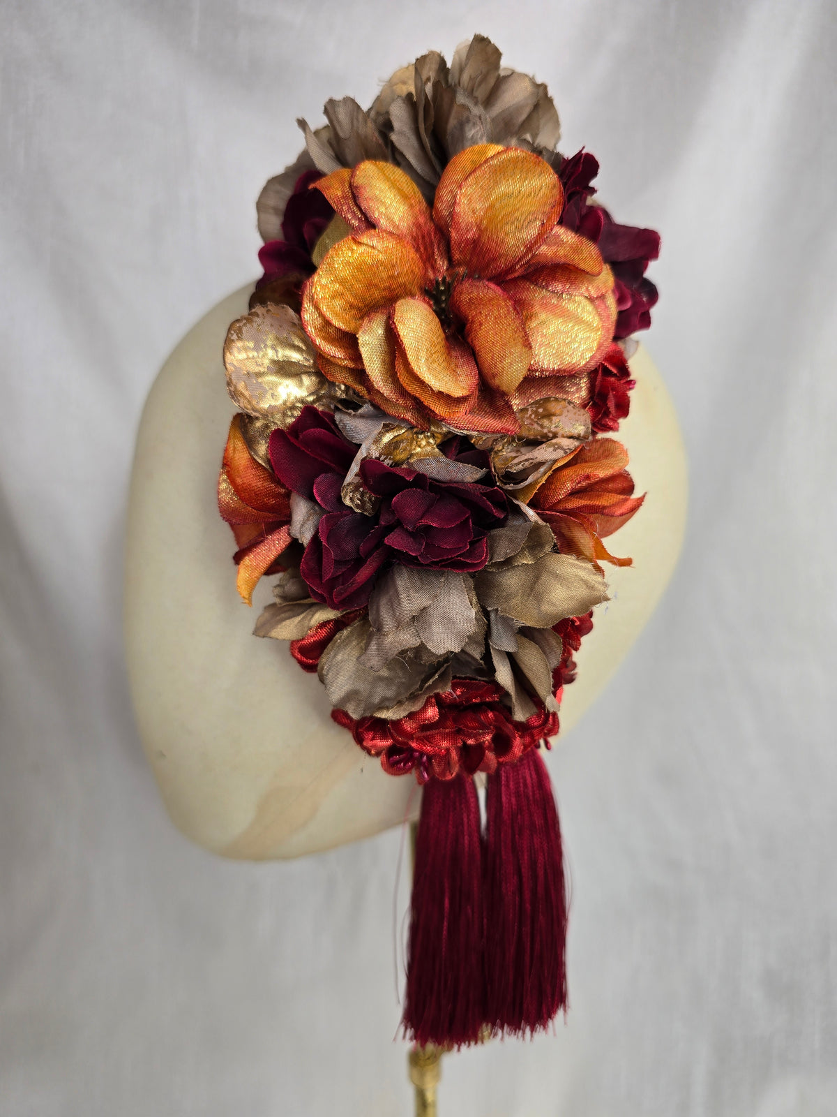 XL mocha, orange and red autumn flower headpiece with red silky tassels