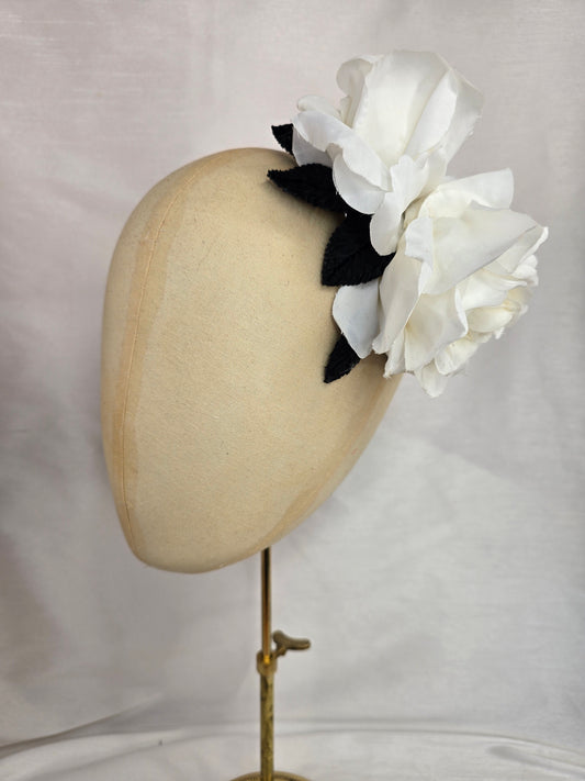 White and black rose hair flower/corsage