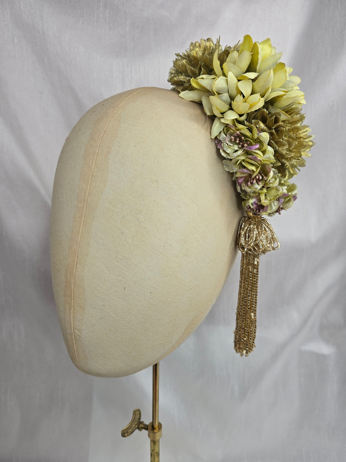 Medium chartreuse and gold flower headpiece/corsage with beaded tassel