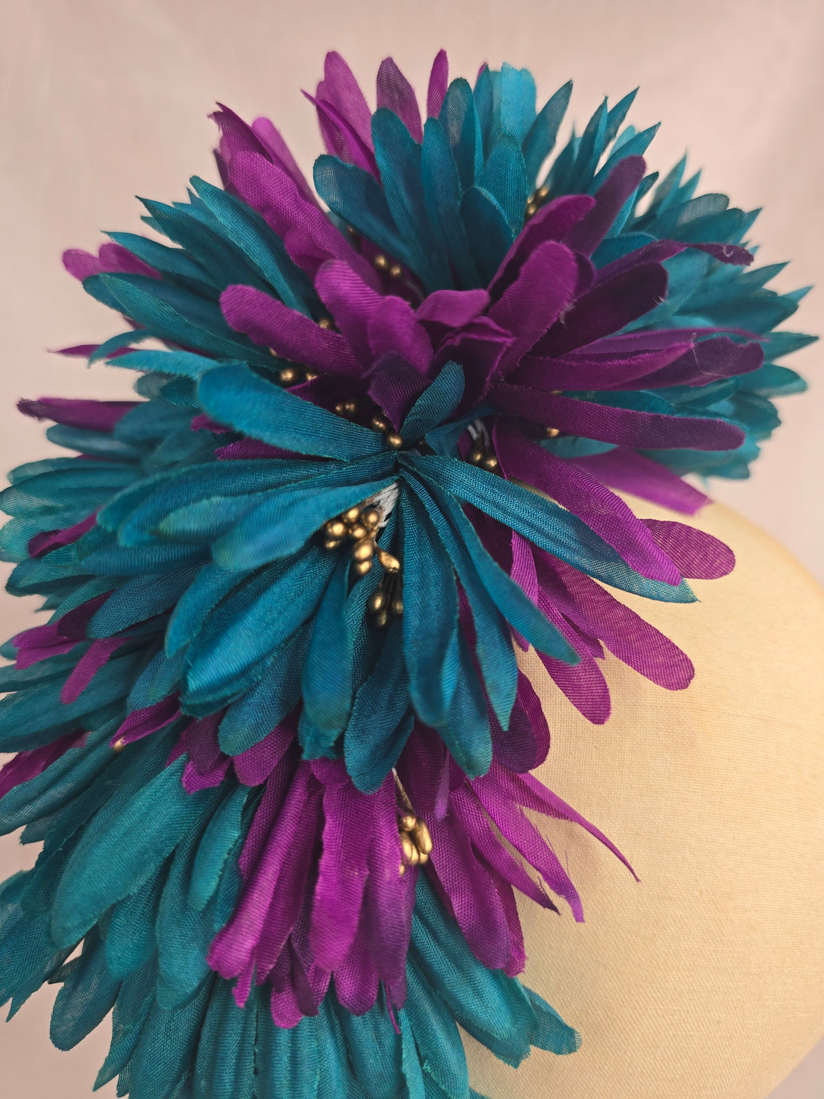 Teal, purple and gold large hair flower