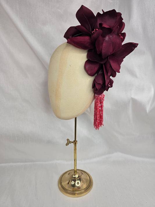 Extra large burgundy and watermelon cascade hair flower with beaded tassels